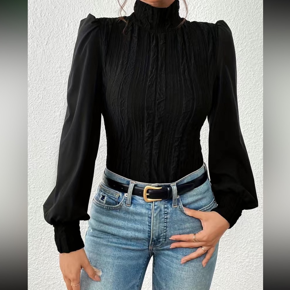 Luxe black ruched high neck long sleeve top